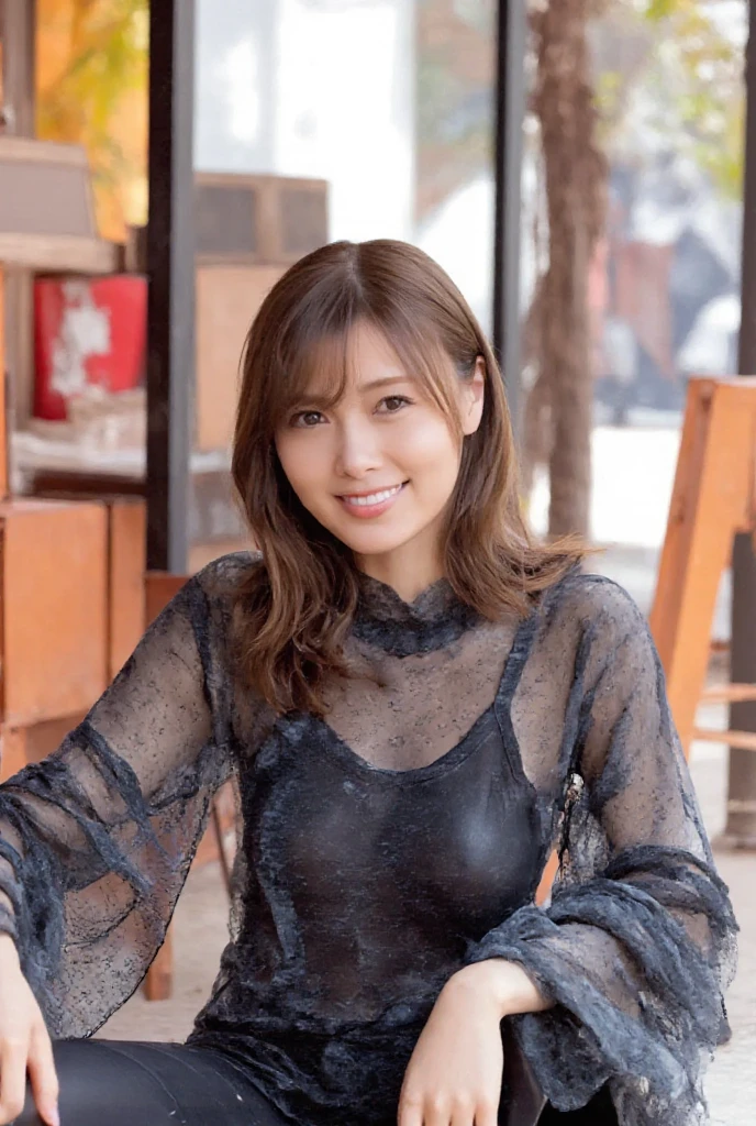 high resolution photograph of a Japanese actress, 8k, RAW Photo, (Best Quality, Masterpiece),(Realistic, photo-realistic:1.2), intricate details, cinematic lighting, portrait, solo, an elegant lady, (She is wearing tight fitting transparent black long sleeve highneck sheer blouse, black tight skirt, black pantyhose, braless, covered nipples:1.4), ankle strap sandals, smiling, beautiful face, detailed face, detailed seductive eyes, sophisticated nose, pale skin, looking at the camera, outdoors, sitting on a chair at the open cafe terrace,