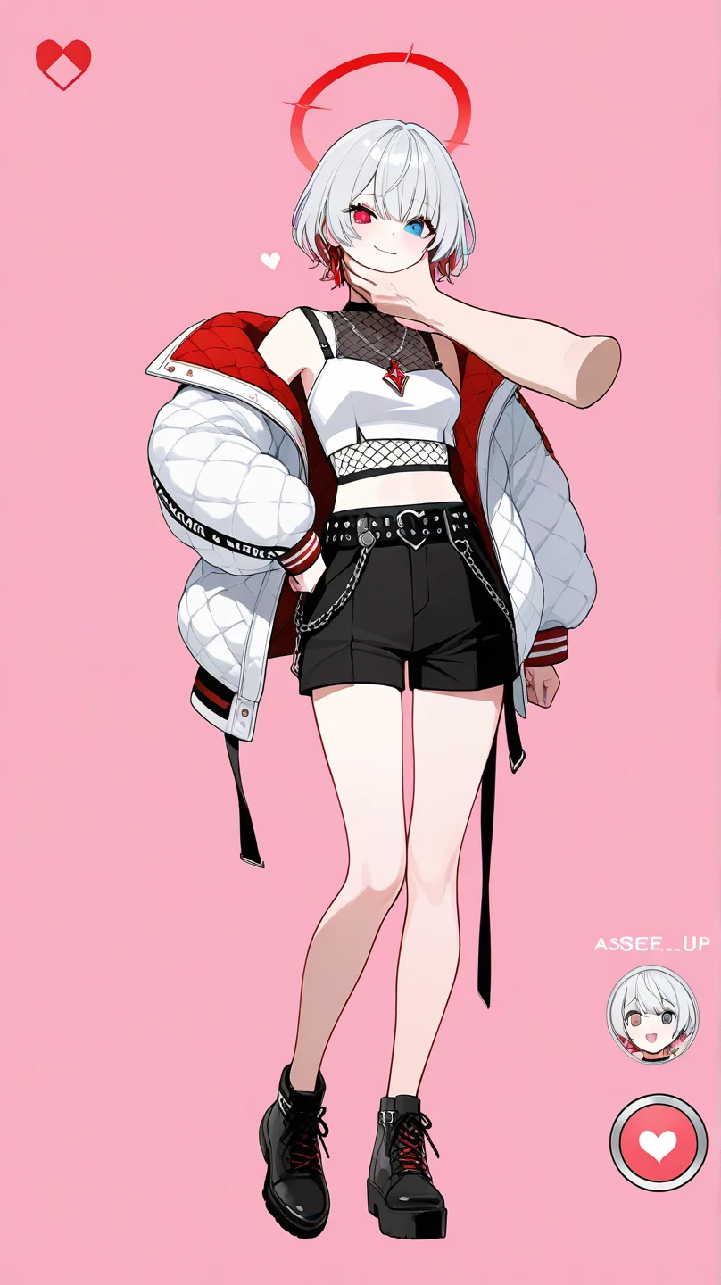 1girl, short hair, silver hair, solo focus, Highress, 2k, full body illustration, 
Eyes:
heterochromatic, left eyes is blue, right eyes is red. 
Clothing Description:

Top: Wearing a white crop top with black straps, layered with black mesh covering the neckline.

Outerwear: An oversized white bomber jacket with red and black accents on the inside. The red lining features a quilted pattern, adding a stylish detail.

Additional Accessories: A necklace with a triangular pendant and chain straps hanging from the belt.

Bottom: Black shorts with red accents, featuring metallic chains and straps wrapping around the waist. Buckles and straps add a utilitarian touch.

Background:
A pastel pink background with heart and star patterns, creating a sweet and cheerful atmosphere. There’s also a text message element in the bottom left corner, adding a social media context. Face grab pose. 