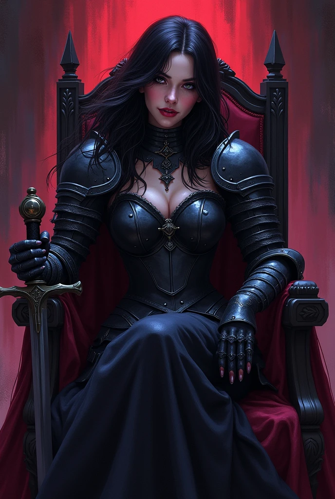 (best quality, hyperdetailed photography:1.2), beautiful lady, freckles, gothic dark makeup, soft light, perfect breast, cover, (detailed beautiful face, detail skin texture, ultra-detailed body:1.1) sexy vampire girl, red eyes, perfect body, skull, blood, (, showing fangs), full leather cloak, dress, sitting on throne, spreading legs wide open