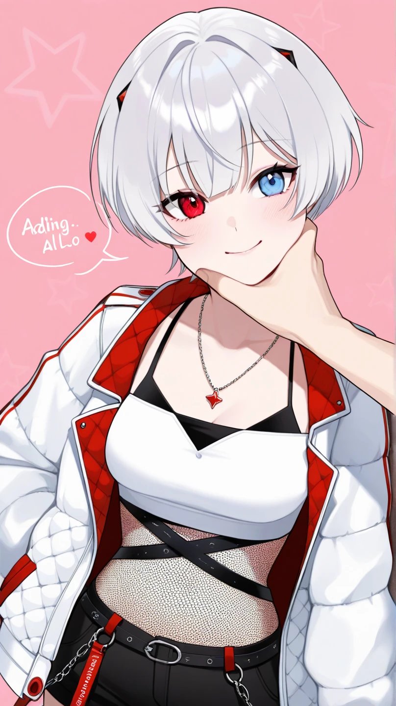 1girl, short hair, silver hair, solo focus, Highress, 2k, face details. 
Eyes:
heterochromatic, left eyes is blue, right eyes is red. 
Clothing Description:

Top: Wearing a white crop top with black straps, layered with black mesh covering the neckline.

Outerwear: An oversized white bomber jacket with red and black accents on the inside. The red lining features a quilted pattern, adding a stylish detail.

Additional Accessories: A necklace with a triangular pendant and chain straps hanging from the belt.

Bottom: Black shorts with red accents, featuring metallic chains and straps wrapping around the waist. Buckles and straps add a utilitarian touch.

Background:
A pastel pink background with heart and star patterns, creating a sweet and cheerful atmosphere. There’s also a text message element in the bottom left corner, adding a social media context. Face grab pose. 