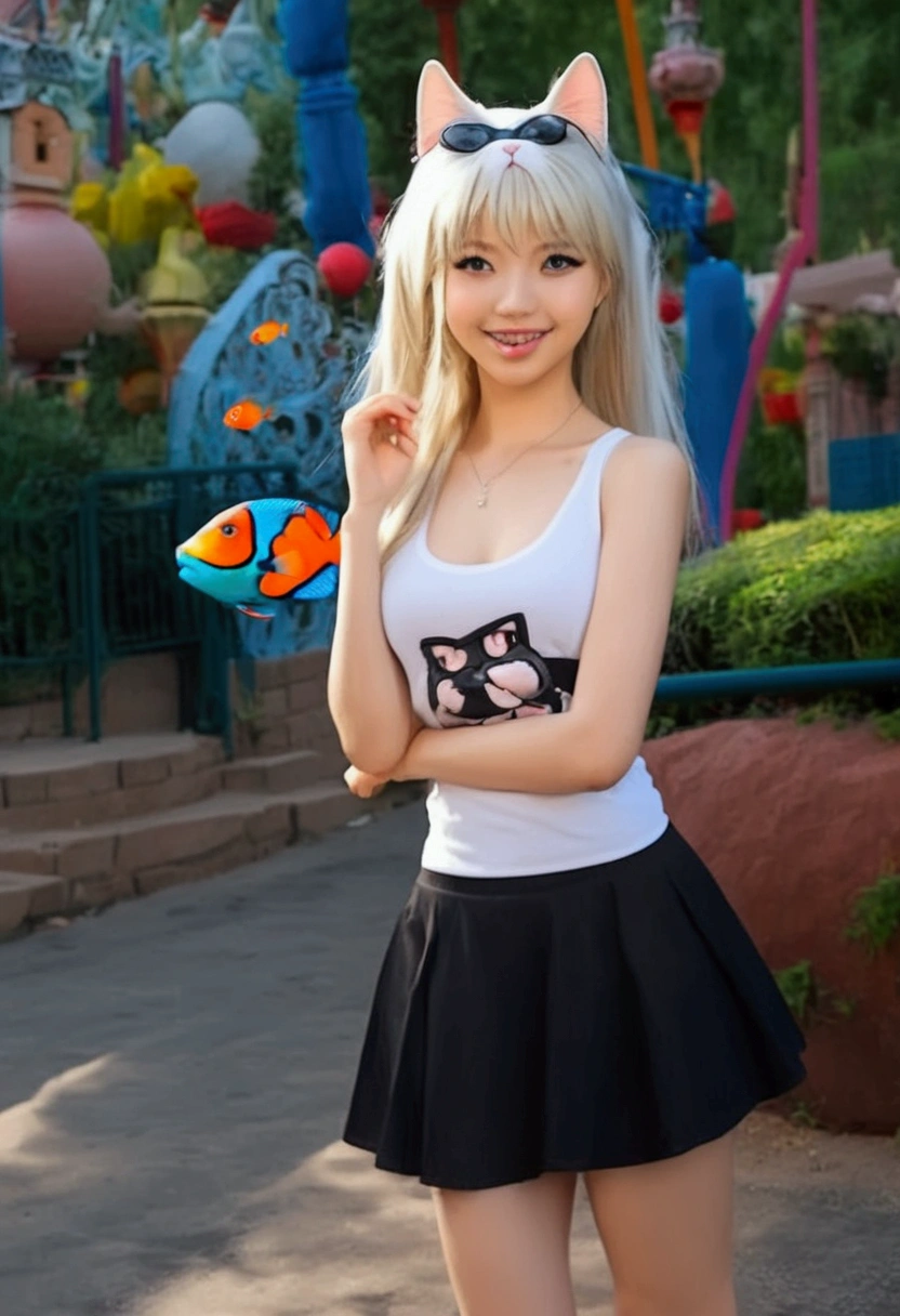 Overly enthusiastic cat girl (cute age 22, tank top, mini skirt, fish nets, adorable hairdo), she is acting incredibly adorable enthusiastically flirting with viewer, crowded theme park
