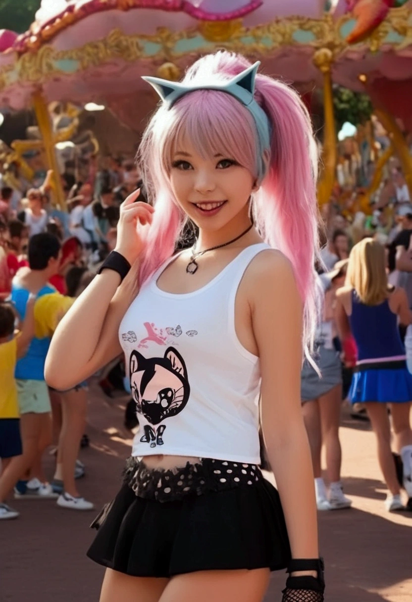 Overly enthusiastic cat girl (cute age 22, tank top, mini skirt, fish nets, adorable hairdo), she is acting incredibly adorable enthusiastically flirting with viewer, crowded theme park
