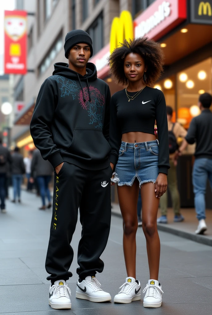 Ultra-realistic, lifelike, 4K image of a Middle Eastern teenage male () with (((olive-toned skin))), (((completely clean-shaven))), (((no facial hair))) with slightly (((shy))) and (((feminine features))), wearing a (((street-fashion cyberpunk-style hoodie))) with futuristic patterns in dark tones and subtle neon accents, (((black Nike Tech Fleece track pants))), a snug (((black toque))) featuring a (((subtle Batman logo))) on the front of it, and (((pristine white Nike Air Force 1 sneakers))). His complexion is smooth and youthful, with natural skin textures catching the soft outdoor lighting. His expression is (((neutral))), leaning toward (((serious))), with a (((calm and composed demeanor))) that adds a layer of introspection to his overall appearance. His posture is relaxed, standing slightly to one side, exuding an air of (((quiet confidence))) while maintaining a grounded and approachable vibe.
Beside him stands a teenage girl (((around 16((African American descent))), with (((natural curly hair))) styled in a short, defined afro that frames her face beautifully and catches the light with a healthy sheen. Her (((deep brown complexion))) is smooth and radiant, with soft, natural highlights accentuating her cheekbones. She is wearing a fitted (((crop top))) in a bold color, paired with a (((high-waisted denim skirt))) that adds a casual yet stylish touch. A glimmer of jewelry catches the light, as she wears a small, understated (((belly button ring))). On her feet are sleek white sneakers with subtle detailing, slightly scuffed to enhance the realism. Her expression is confident and composed, with a faint smile that radiates a quiet self-assuredness. Her posture is relaxed, standing close to the boy, emphasizing their platonic connection and camaraderie.
The setting is outside a busy (((McDonald’s))), with the iconic golden arches visible in the background along with other signage. A few people are scattered nearby, some entering the restaur