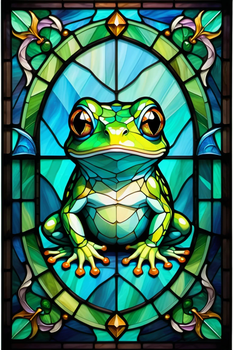  2D stained glass window,  stained glass window frame  . dungeons and dragons art.  symmetrical design ,  Cute Frog . is。.Blue and green、  Pastel Color Scheme 