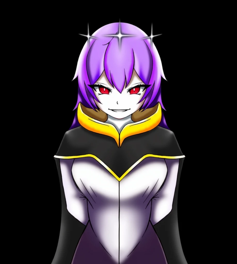 masterpiece, best quality, monochrome, greyscale, ebiblue, gesugao, 1girl, miyumagirl, black hair, twintails, brown eyes, (glowing eyes:0.5), cape, detached sleeves, hair ornament, purple leotard, upper body, smile, sketch, looking at viewer, black background <lora:MiyuEdelfelt:1> <lora:Ebiblue:1>