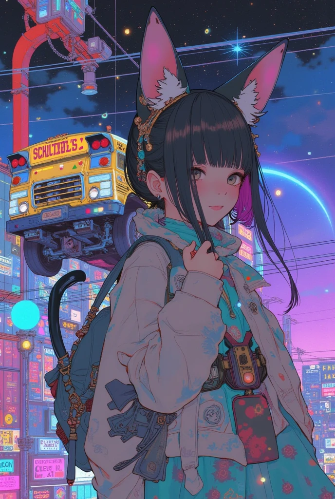 Close up of the girl with cat ears , Decorative Space Paintings ,  Ultra Wide Gameplay Screenshots ,  colorful dystopian futurism,  Retrofuturistic Digital Painting,  The background is a school bus running through space,  Dreaming Psychedelic Anime ,  video games are still , ビデオ game screenshots ,  ビデオ game screenshots  ,  detailed pictures of virtual worlds ,  Colorful in Futuristic Hues ,  Promotional Art ,  game screenshots , School bus full of graffiti ,Neon colored universe