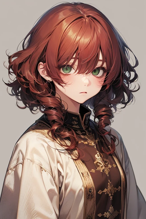 (excellent quality), (high resolution), (absurdreasterpiece), ((adult woman)), red hair, disheveled hair, curly long hair, ((writter)), character looking at the camera, detailed face, ((medieval)), ((bang)), (((simple clothes))), (portrait), (small eyes), green eyes, tanned skin