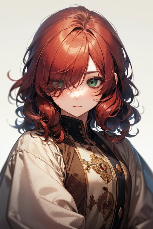 (excellent quality), (high resolution), (absurdreasterpiece), ((adult woman)), red hair, disheveled hair, curly long hair, ((writter)), character looking at the camera, detailed face, ((medieval)), ((bang)), (((simple clothes))), (portrait), (small eyes), green eyes, tanned skin