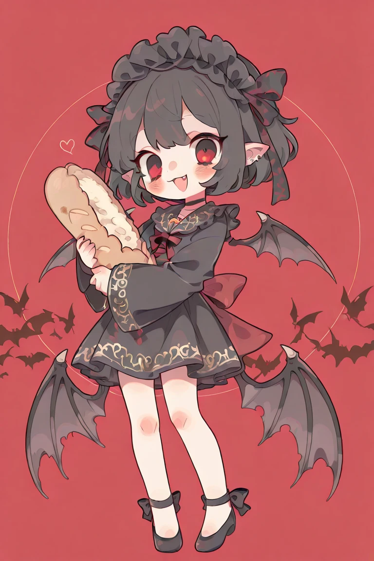 solo,1girl\(vicomte,chibi,cute, vampire wings, red eyes,open mouth, sharp vampire fangs, black short hair, elf ears, cute (((red ribbon))) headband, (big evil smile) cute smile,face shining, big eyes, cute expression, black short robe\(with beautiful (gold embroidery)\), hugging (1bread:1.3) \),cute pose,black short dress,full body\), background\(many lotas, (beautiful landscape of Vietnam:1.3)\)