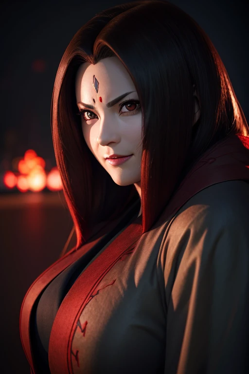 a beautiful woman with tsunade's face, long dark hair, large breasts,  sharingan eyes, a devilish smile, wearing an akatsuki cloak, highly detailed, cinematic lighting, dramatic pose, photorealistic, 8k, hyper detailed