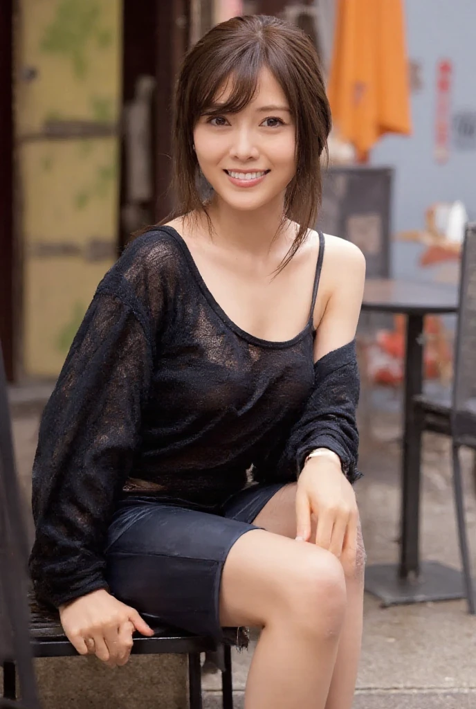 high resolution photograph of a Japanese actress, 8k, RAW Photo, (Best Quality, Masterpiece),(Realistic, photo-realistic:1.2), intricate details, cinematic lighting, portrait, solo, an elegant lady, (tight fitting see-through black blouse, black tight skirt, braless, wet clothes, covered nipples:1.4), ankle strap sandals, smiling, beautiful face, detailed face, detailed seductive eyes, sophisticated nose, pale skin, looking at the camera, outdoors, sitting on a chair at the open cafe terrace in the rain,