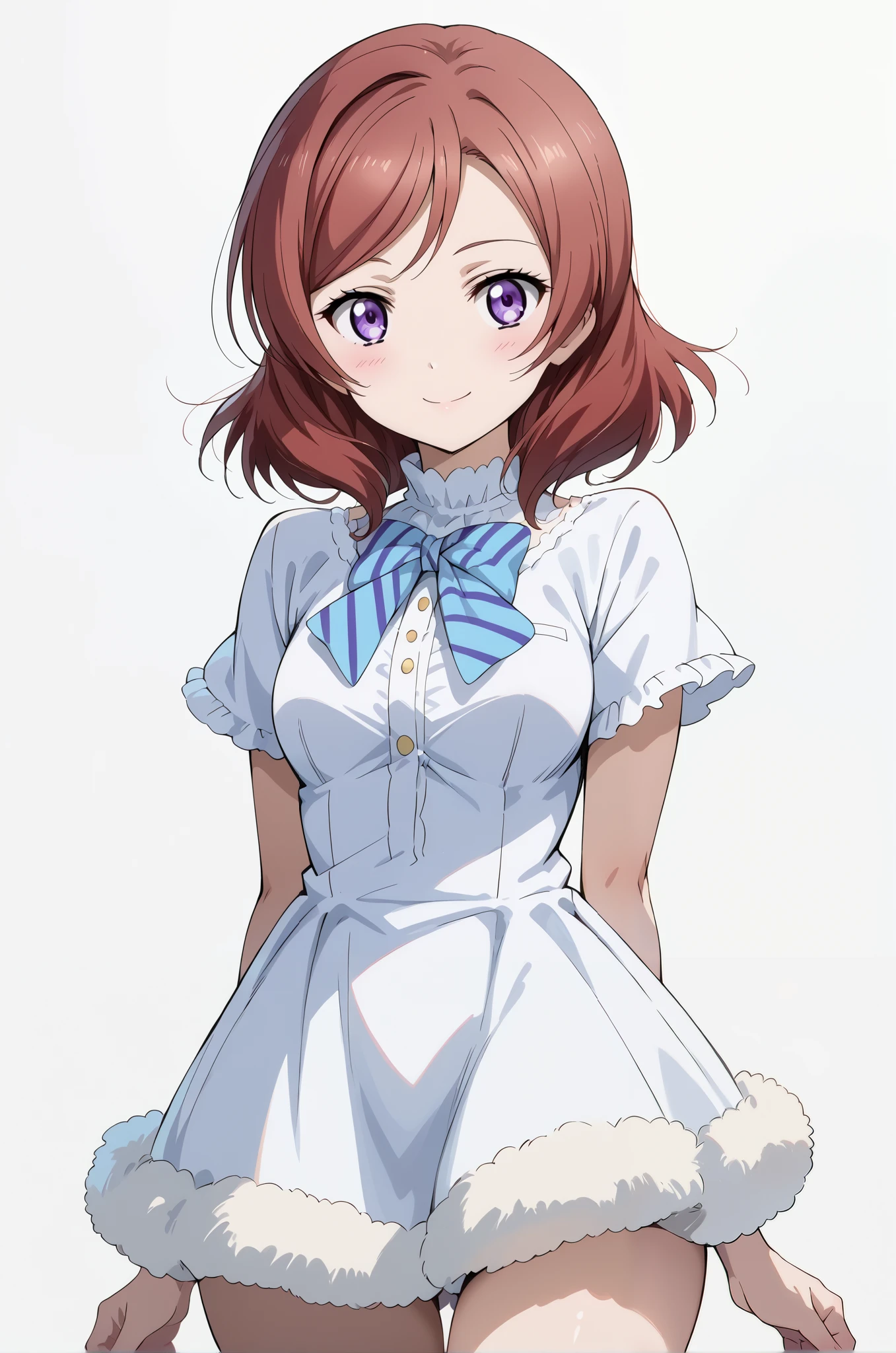 score_9, score_8_up, score_7_up, source_anime, 4K,perfect fingers,(perfect hands, perfect anatomy),prefect lighting, very aesthetic, intricate details,highly detailed background, masterpiece, high quality, best quality, 
makinishikino, maki nishikino, short hair, purple eyes, red hair,large breast,
Wearing ((white dress,fur-trimmed dress,  )), 
looking at the spectator, cowboy shot, filed, Arms Behind Back, high thigh individual , (large breasts:0.9),Stand up,fullbody,((White plain background:1.5)) ,smile,((front look:1.5)),