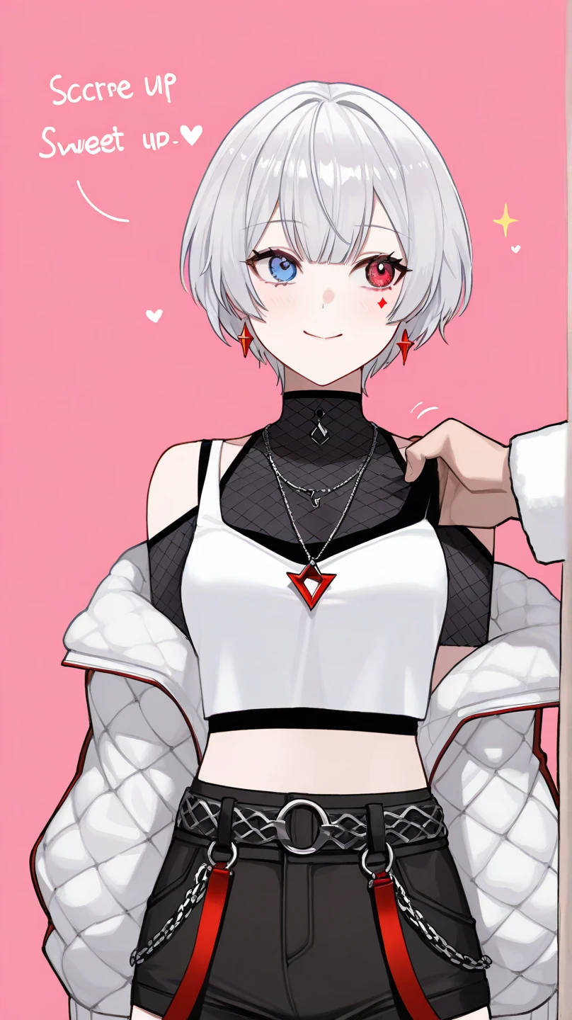 1girl, short hair, silver hair, solo focus, Highress, 2k, face details. 
Eyes:
heterochromatic, left eyes is blue, right eyes is red.
Clothing Description:

Top: Wearing a white crop top with black straps, layered with black mesh covering the neckline.

Outerwear: An oversized white bomber jacket with red and black accents on the inside. The red lining features a quilted pattern, adding a stylish detail.

Additional Accessories: A necklace with a triangular pendant and chain straps hanging from the belt.

Bottom: Black shorts with red accents, featuring metallic chains and straps wrapping around the waist. Buckles and straps add a utilitarian touch.

Background:
A pastel pink background with heart and star patterns, creating a sweet and cheerful atmosphere. There’s also a text message element in the bottom left corner, adding a social media context, half body details, face focus details. 