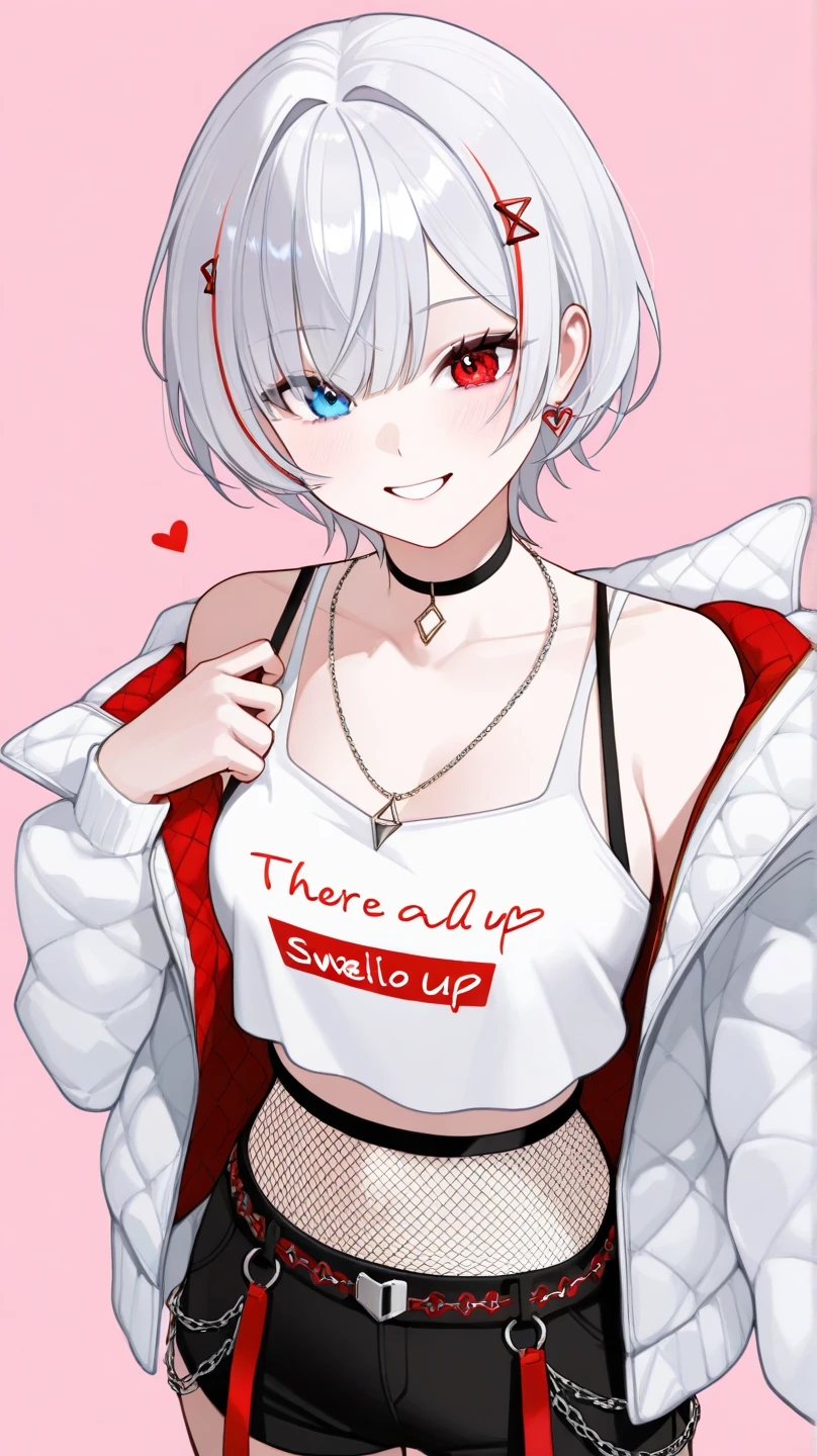 1girl, short hair, silver hair, solo focus, Highress, 2k, face details. 
Eyes:
heterochromatic, left eyes is blue, right eyes is red.
Clothing Description:

Top: Wearing a white crop top with black straps, layered with black mesh covering the neckline.

Outerwear: An oversized white bomber jacket with red and black accents on the inside. The red lining features a quilted pattern, adding a stylish detail.

Additional Accessories: A necklace with a triangular pendant and chain straps hanging from the belt.

Bottom: Black shorts with red accents, featuring metallic chains and straps wrapping around the waist. Buckles and straps add a utilitarian touch.

Background:
A pastel pink background with heart and star patterns, creating a sweet and cheerful atmosphere. There’s also a text message element in the bottom left corner, adding a social media context, half body details, face focus details. 