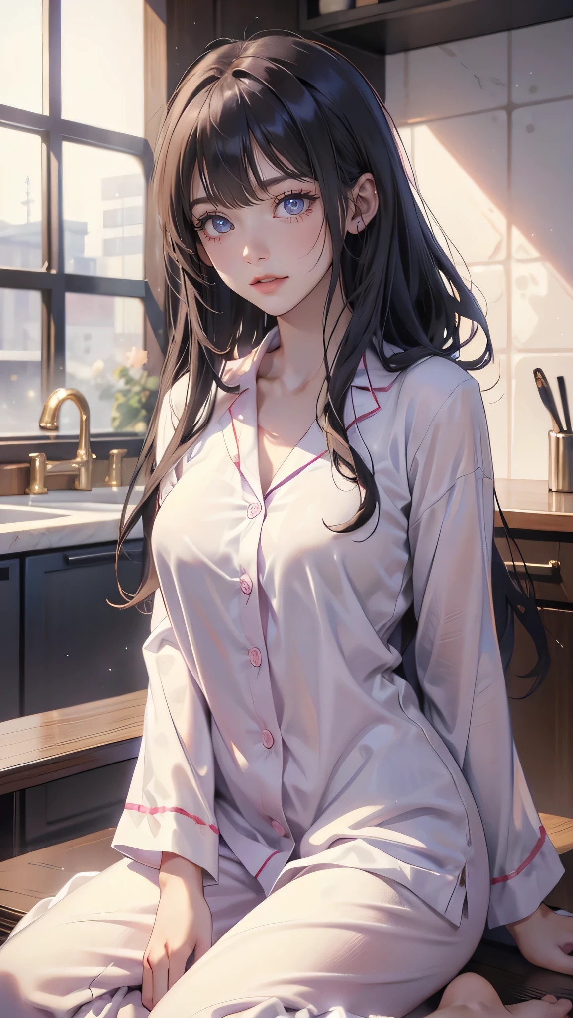 hyuuga hanabi, long hair tied low, hair band, hana purple eyes, beautiful, beautiful woman, perfect body, perfect breasts, wearing white pajamas, pajamas, sleepwear, in the kitchen, clear kitchen, looking at the audience, a slight smile, realism, masterpiece , textured leather, super detail, high detail, high quality, best quality, 1080p, 16k