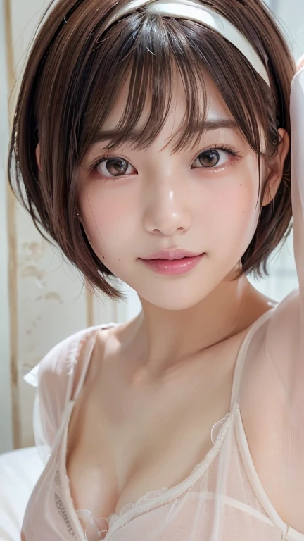 ((masterpiece,  top quality ,  high res)),  1 Japanese Girl , ( realistic : 1.4),  excited、 Amazing Face , glossy lips 、 short hair, Brown Hair、( beautiful hair:1.5), sheer、 negligee 、 beautiful legs、 on the bed、staring、 front angle, smooth,  Highly Detailed CG Composite 8K Wallpaper,  high resのRAWカラー写真, Professional photography, light, Backlight,  dreamy, Impressive,  written border depth, ( face close-up :1.5)、 small tits、mole、 selfie、 teardrop bags、 open her mouth 、Armpits、blush、 angel smile、 headband