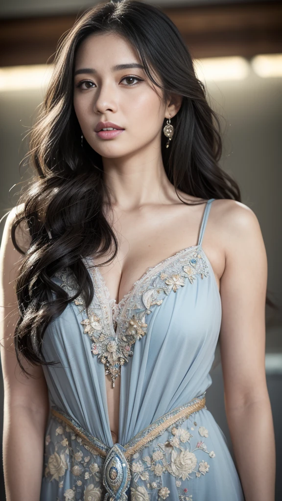 Absurd, ultra-detailed, high quality, masterpiece,  detailed face, beautiful eyes(detailed eyes), Greek mythology, Goddess, Hera , the queen of the gods, striking and captivating, features are classically beautiful, with high cheekbones, a perfectly proportioned face, eyes depicted as large and captivating, hold an intense gaze, dark brown hair , hair is luxuriant and flowing, cascading down her back in waves , (small breasts:1.2), wearing elegant robes adorned with intricate patterns , Her beauty is not merely superficial but embodies the essence of power, authority, and regality.