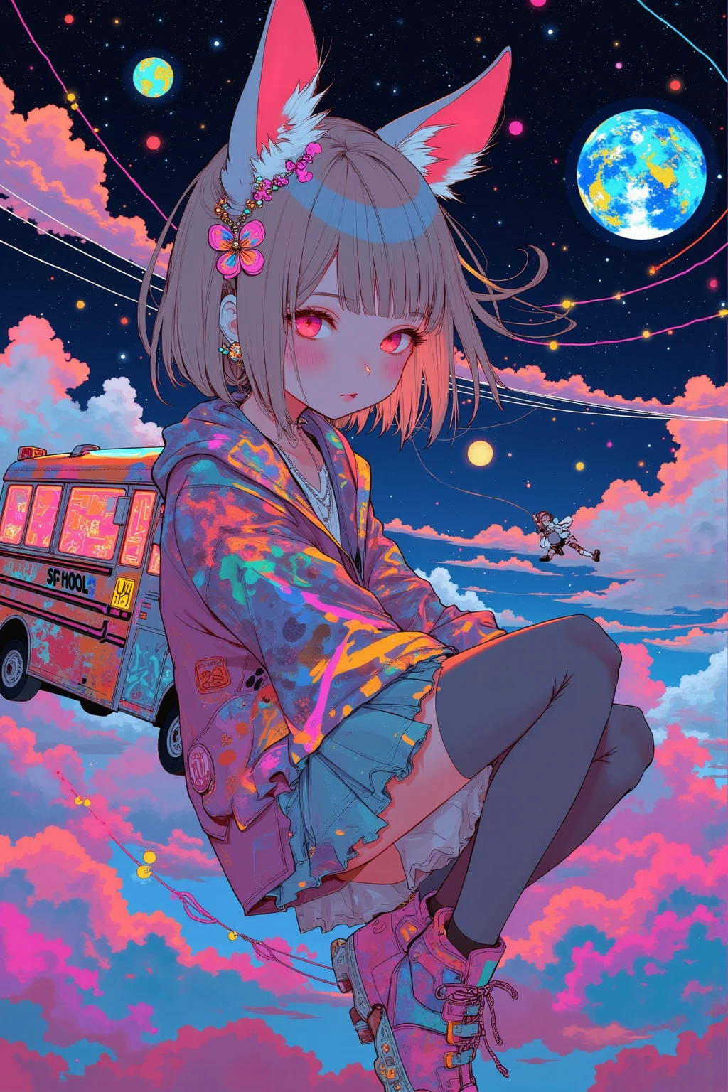 Close up of the girl with cat ears , Decorative Space Paintings ,  Ultra Wide Gameplay Screenshots ,  colorful dystopian futurism,  Retrofuturistic Digital Painting,  The background is a school bus running through space,  Dreaming Psychedelic Anime ,  video games are still , ビデオ game screenshots ,  ビデオ game screenshots  ,  detailed pictures of virtual worlds ,  Colorful in Futuristic Hues ,  Promotional Art ,  game screenshots , School bus full of graffiti ,Neon colored universe