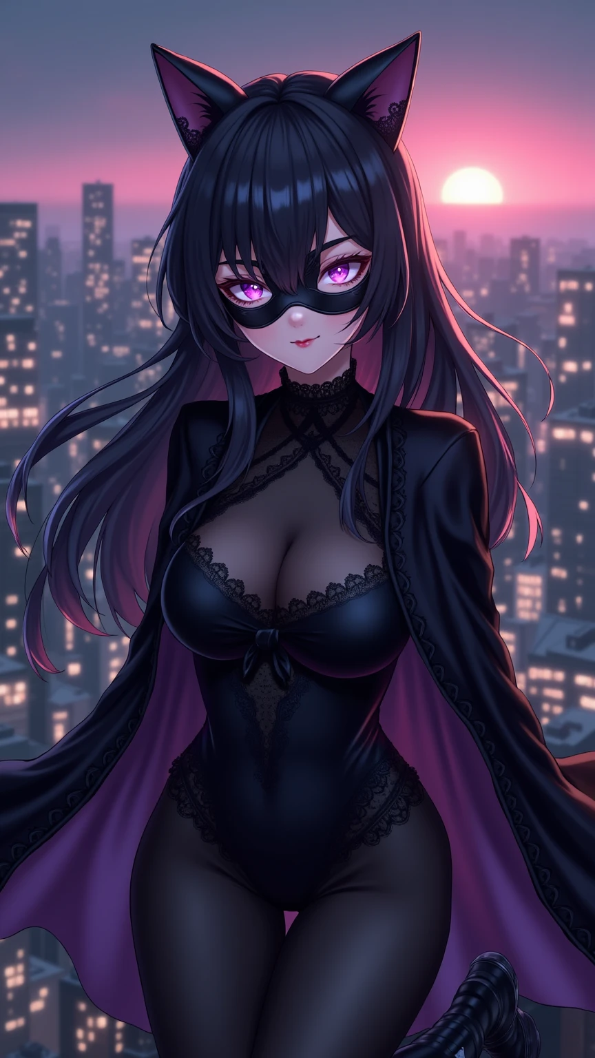 One young and beautiful woman:1.3,(masterpiece:1.3, top quality :1.3, very detailed depiction:1.3, Incredible High Definition :1.3,High quality anime drawings),(Bewitching Female Phantom Thief :1.3),( catsuit:1.3,Cat ears:1.3, covers her eyes with a black venetian mask:1.3,latex, bodystocking , luxury accessories , black tights, boots),(Glowing purple eyes, half-closed eyes:1.3, Crazy Eyes , normal breasts, bewitching smile,Glossy lipstick, flashy makeup,Seductive gestures,Beautiful legs, healthy legs,Curvaceous Body,High quality skin), dynamic images ,Moving on the roof:2.0, cowboy shot