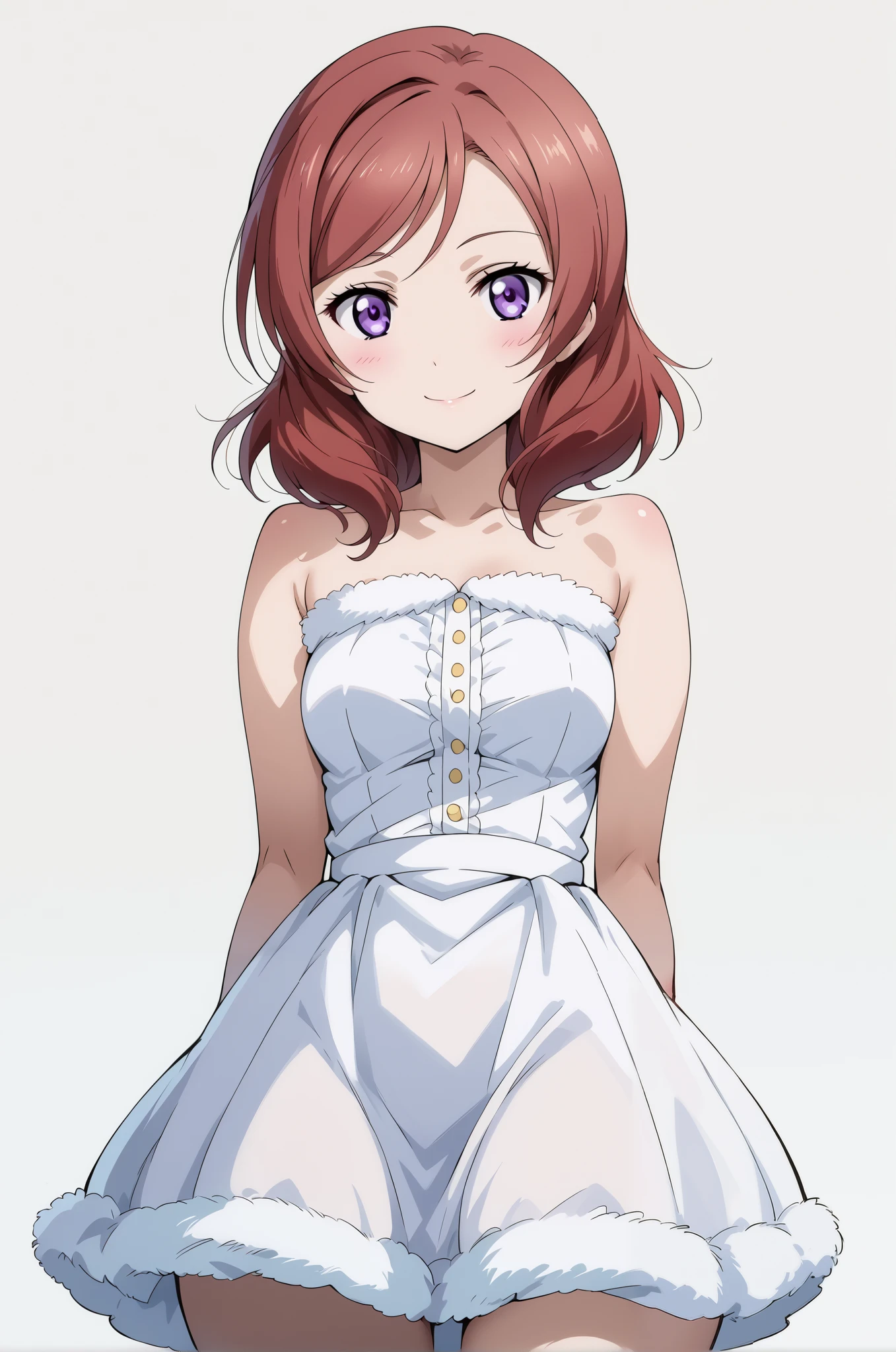 score_9, score_8_up, score_7_up, source_anime, 4K,perfect fingers,(perfect hands, perfect anatomy),prefect lighting, very aesthetic, intricate details,highly detailed background, masterpiece, high quality, best quality, 
makinishikino, maki nishikino, short hair, purple eyes, red hair,large breast,
Wearing ((white dress,fur-trimmed dress,bare shoulders,   )), 
looking at the spectator, cowboy shot, filed, Arms Behind Back, high thigh individual , (large breasts:0.9),Stand up,fullbody,((White plain background:1.5)) ,smile,((front look:1.5)),