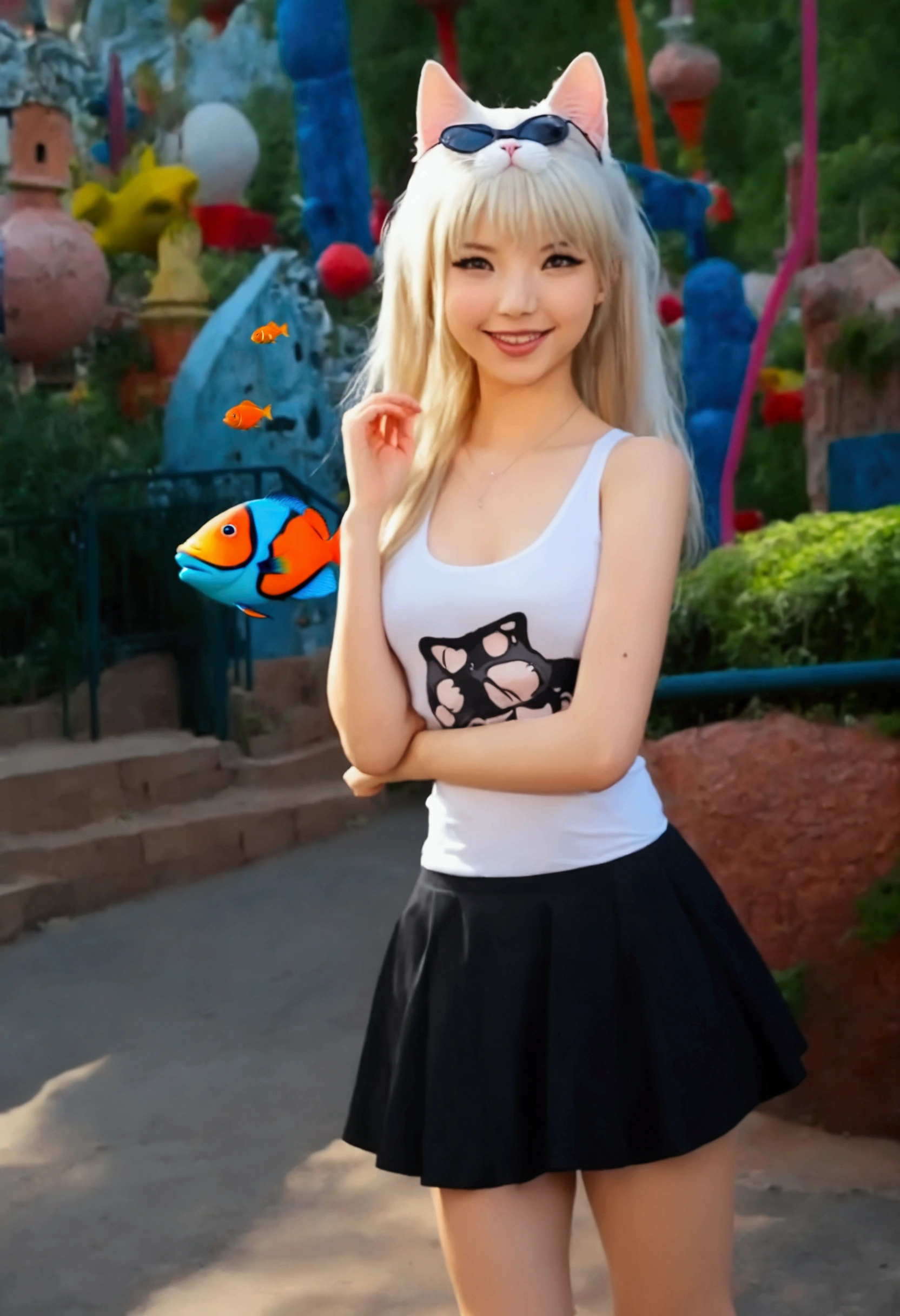 Overly enthusiastic cat girl (cute age 22, tank top, mini skirt, fish nets, adorable hairdo), she is acting incredibly adorable enthusiastically flirting with viewer, crowded theme park
