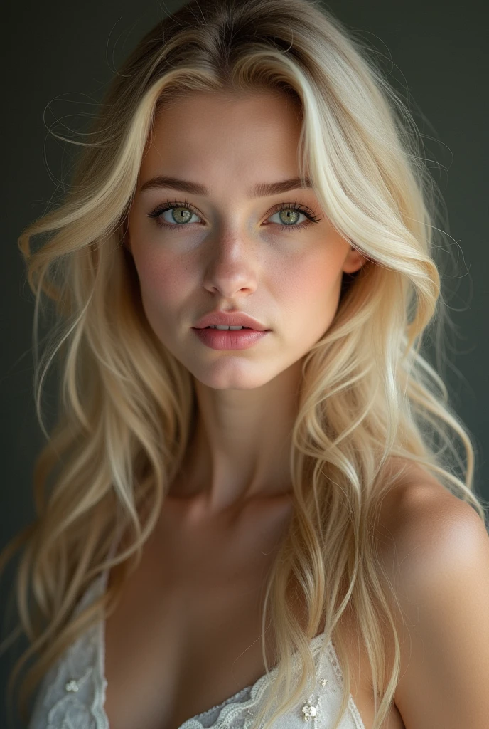 A long-haired blonde girl,black eyebrows,pink lips ,Perfect eyes,That she is sitting,a black shirt2k,be real