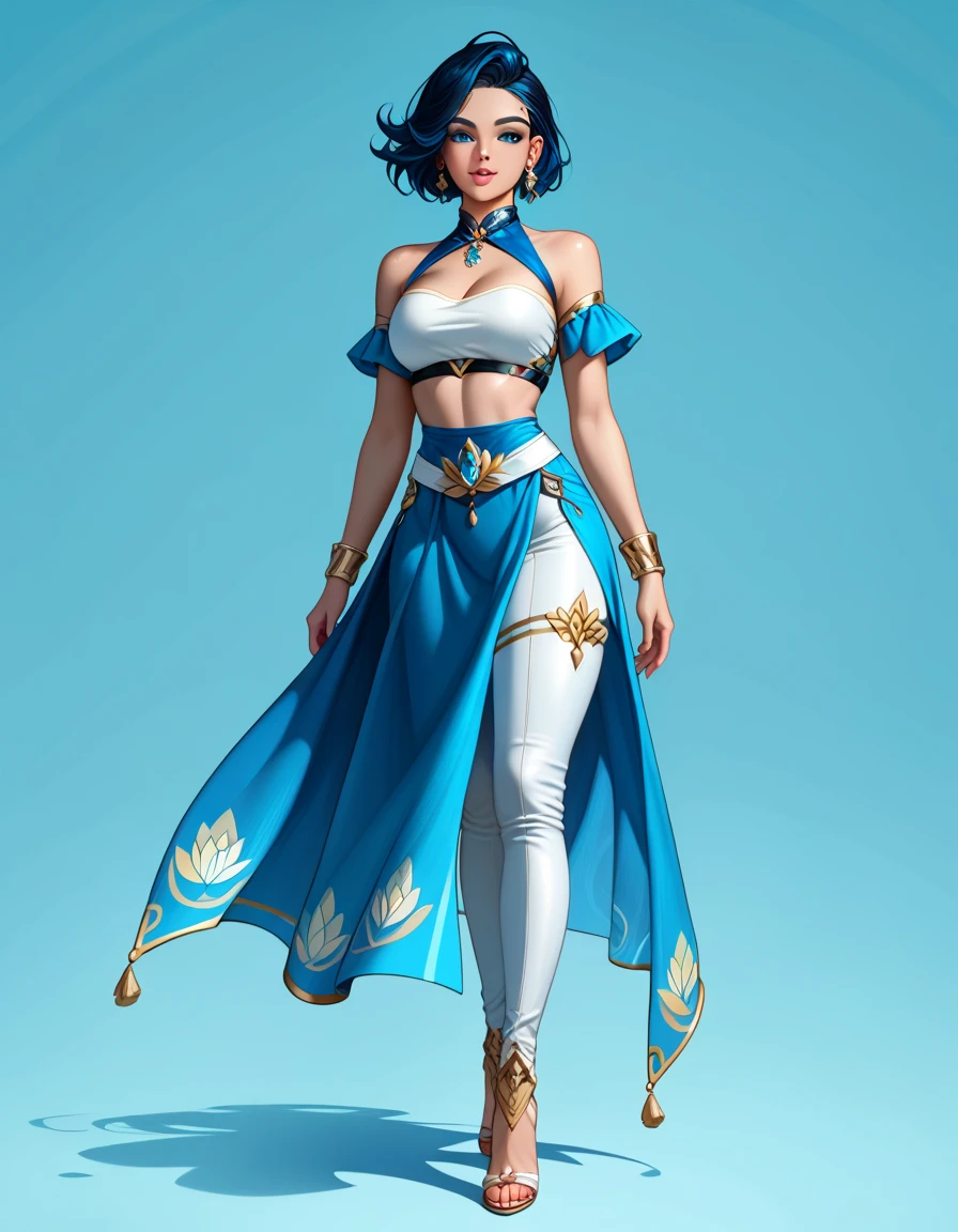 Girl, Aladdin&#39;s blue genie in the shape of a girl, medium-sized breasts, exposed stomach, short skirt, 