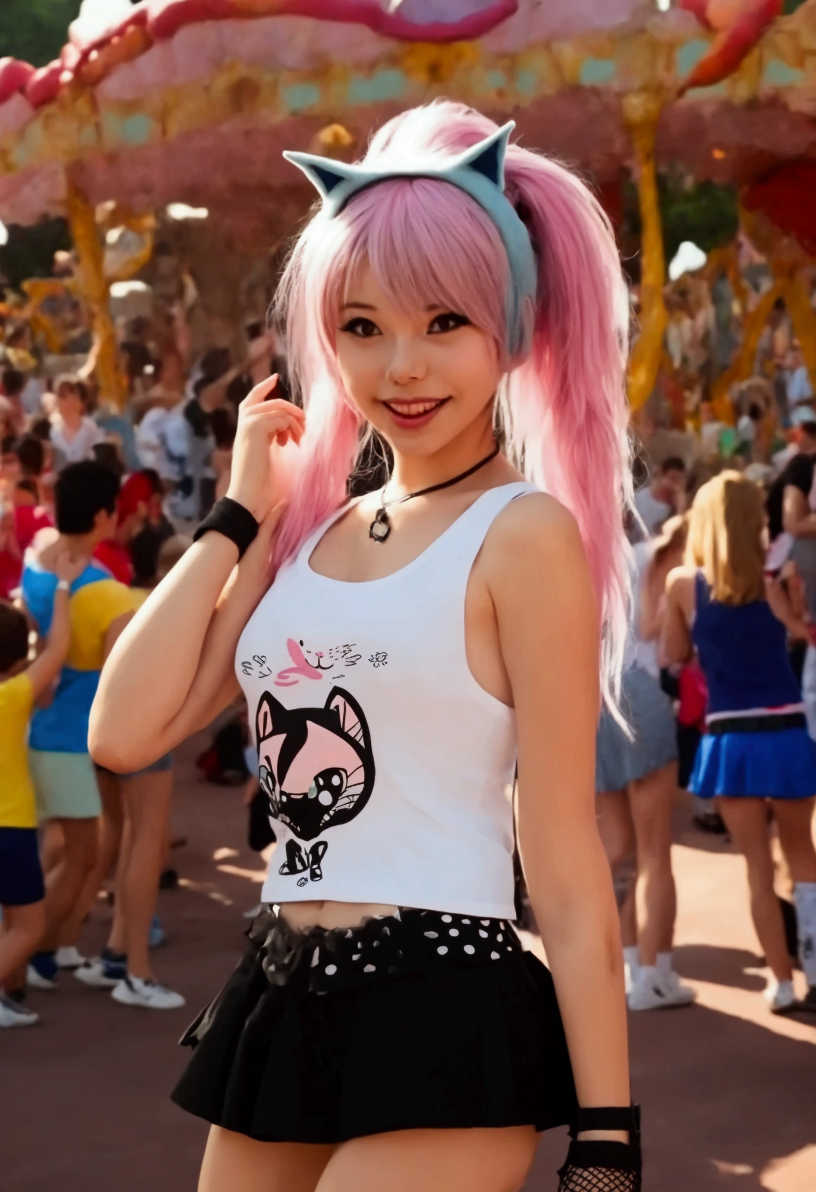 Overly enthusiastic cat girl (cute age 22, tank top, mini skirt, fish nets, adorable hairdo), she is acting incredibly adorable enthusiastically flirting with viewer, crowded theme park
