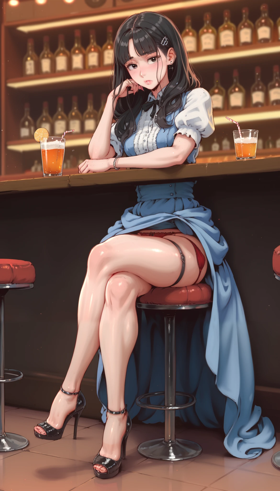 A clueless girl , sitting, very shy, in a restaurant , dress ,red panties, panties under the skirt with a lot of dark hair ,  Dark pubic hair , You can see the , 8K, HDR-10,  super detailed , seen from under the skirt,Hands on the bar ,having a drink,Waist bar, crossed legs,heels