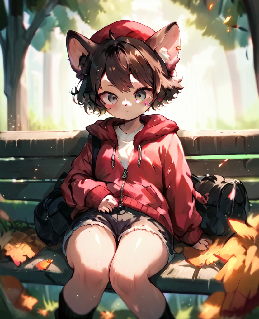 A young cat girl with fluffy and curly dark brown hair gray eyes big boobs and brown cat ears in just a red wool hoodie that’s unzipped and a red wool hat out side with orange leaves falling from the trees sitting on a bench with her legs open 