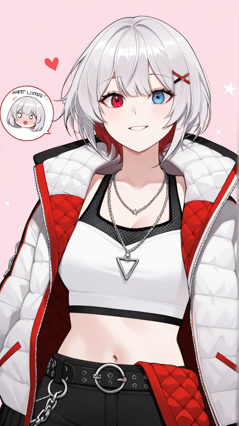 1girl, short hair, silver hair, solo focus, Highress, 2k, face details. 
Eyes:
heterochromatic, left eyes is blue, right eyes is red.
Clothing Description:

Top: Wearing a white crop top with black straps, layered with black mesh covering the neckline.

Outerwear: An oversized white bomber jacket with red and black accents on the inside. The red lining features a quilted pattern, adding a stylish detail.

Additional Accessories: A necklace with a triangular pendant and chain straps hanging from the belt.

Bottom: Black shorts with red accents, featuring metallic chains and straps wrapping around the waist. Buckles and straps add a utilitarian touch.

Background:
A pastel pink background with heart and star patterns, creating a sweet and cheerful atmosphere. There’s also a text message element in the bottom left corner, adding a social media context, half body details, face focus details. More Fariative expression