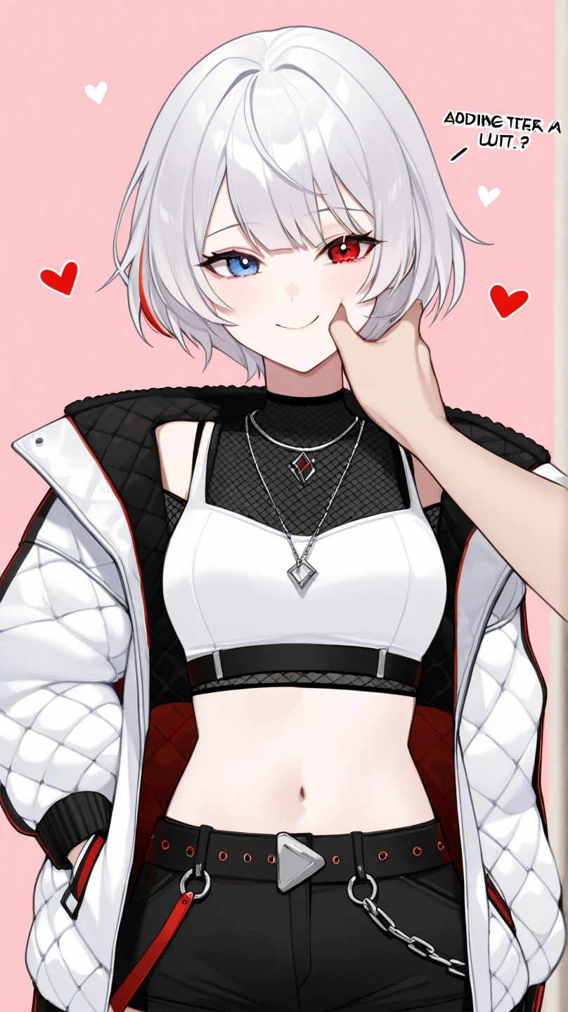 1girl, short hair, silver hair, solo focus, Highress, 2k, face details. 
Eyes:
heterochromatic, left eyes is blue, right eyes is red.
Clothing Description:

Top: Wearing a white crop top with black straps, layered with black mesh covering the neckline.

Outerwear: An oversized white bomber jacket with red and black accents on the inside. The red lining features a quilted pattern, adding a stylish detail.

Additional Accessories: A necklace with a triangular pendant and chain straps hanging from the belt.

Bottom: Black shorts with red accents, featuring metallic chains and straps wrapping around the waist. Buckles and straps add a utilitarian touch.

Background:
A pastel pink background with heart and star patterns, creating a sweet and cheerful atmosphere. There’s also a text message element in the bottom left corner, adding a social media context, half body details, face focus details. More Fariative expression