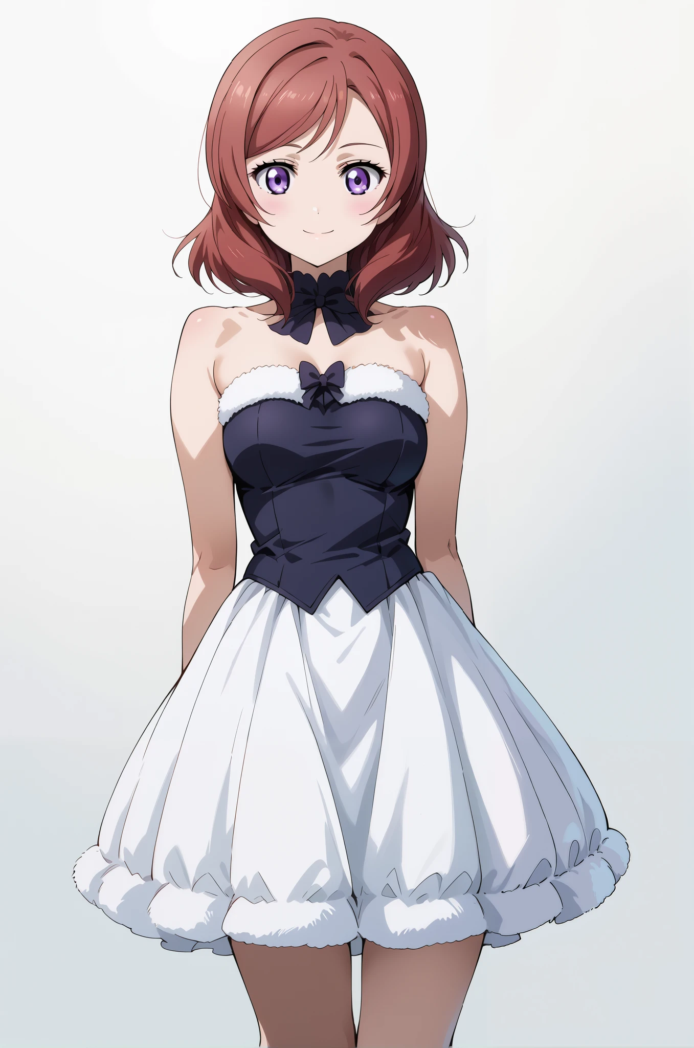 score_9, score_8_up, score_7_up, source_anime, 4K,perfect fingers,(perfect hands, perfect anatomy),prefect lighting, very aesthetic, intricate details,highly detailed background, masterpiece, high quality, best quality, 
makinishikino, maki nishikino, short hair, purple eyes, red hair,large breast,
Wearing ((white dress,fur-trimmed dress,bare shoulders,black leotard,    )), 
looking at the spectator, cowboy shot, filed, Arms Behind Back, high thigh individual , (large breasts:0.9),Stand up,fullbody,((White plain background:1.5)) ,smile,((front look:1.5)),