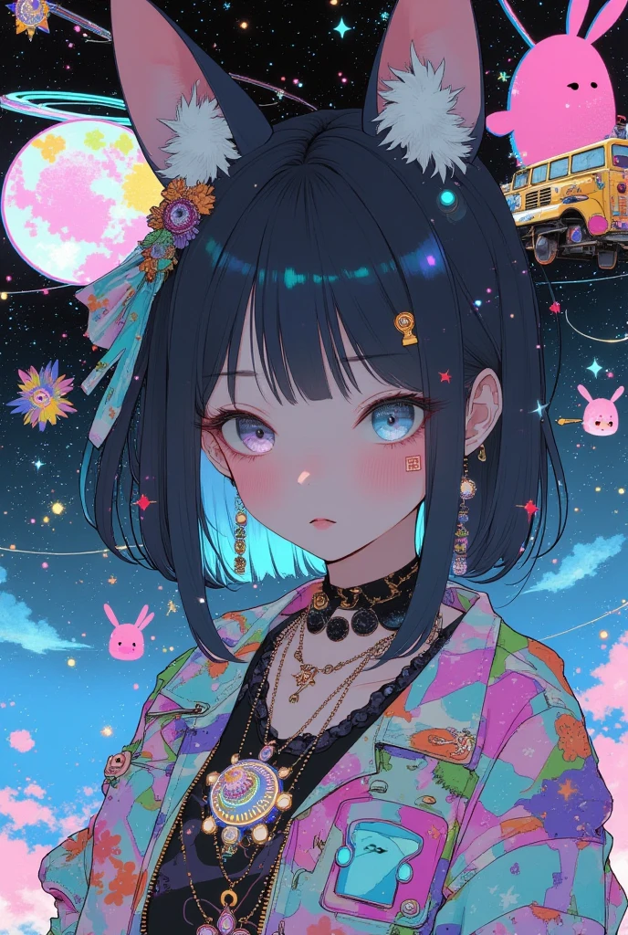 Close up of the girl with cat ears , Decorative Space Paintings ,  Ultra Wide Gameplay Screenshots ,  colorful dystopian futurism,  Retrofuturistic Digital Painting,  The background is a school bus running through space,  Dreaming Psychedelic Anime ,  video games are still , ビデオ game screenshots ,  ビデオ game screenshots  ,  detailed pictures of virtual worlds ,  Colorful in Futuristic Hues ,  Promotional Art ,  game screenshots , School bus full of graffiti ,Neon colored universe