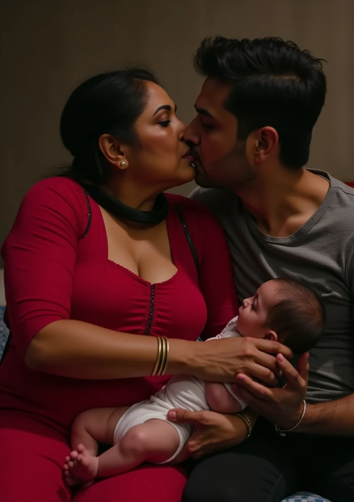 Photo of a Voluptuous Mature Indian Aunty (50 Year Old) having Dusky skin, Wearing a Tight Red Kurti with Black Stole around her neck, Large U Cut Cleavage exposed, Sitting on Bed holding her Baby and KISSING A YOUNG MAN on his Lips sitting beside, Wide Shot, Dim light in the room, showing open boobs with nipple, showing bellybutton 