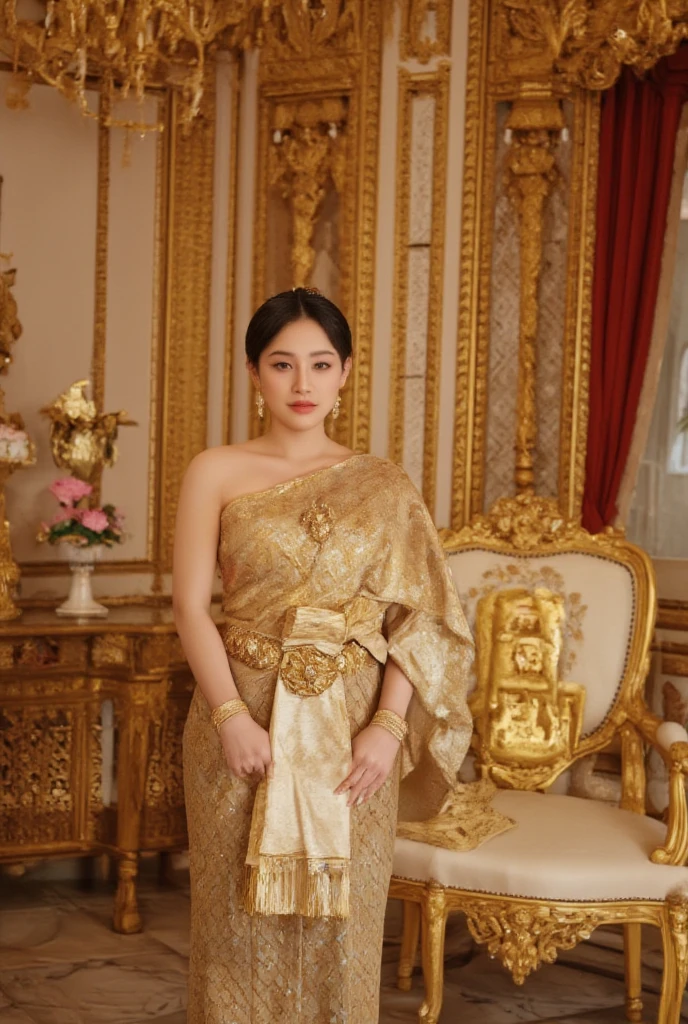 [Subject]: A woman wearing an authentic Thai traditional dress.
[Details]: The dress features a silk top with intricate patterns, paired with a draped shawl and a golden belt adorned with ornate designs. She is accessorized with gold jewelry, including earrings, a brooch, and bracelets, with her makeup highlighting her natural beauty.
[Environment / Background]: A luxurious indoor setting with traditional Thai architecture, featuring ornate golden carvings, decorative wooden panels, and elegant silk curtains. The room has a warm and regal ambiance, with subtle details like a golden pedestal or vase with lotus flowers.
[Lighting]: Soft, warm indoor lighting, with a golden hue highlighting the textures of her attire and jewelry, creating a royal and sophisticated feel.
[Style]: Ultra-realistic, focusing on intricate details and vibrant, rich colors.
[Mood / Atmosphere]: Majestic and timeless, evoking the elegance of Thai heritage.
[Camera Angle]: Close-up shot focusing on her face and upper torso, showcasing the exquisite details of her dress and jewelry. The angle slightly tilts upward to emphasize her graceful and dignified appearance.
[Quality & Resolution]: Ultra-high resolution, 8K quality, ensuring sharpness and realistic textures.
[Other Specifics]: The background should have a balance of richness and subtlety, ensuring the subject remains the focal point while the setting enhances the overall composition.