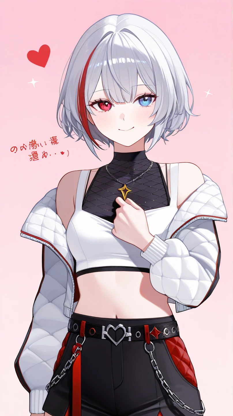 1girl, short hair, silver hair, solo focus, Highress, 2k, face details. 
Eyes:
heterochromatic, left eyes is blue, right eyes is red.
Clothing Description:

Top: Wearing a white crop top with black straps, layered with black mesh covering the neckline.

Outerwear: An oversized white bomber jacket with red and black accents on the inside. The red lining features a quilted pattern, adding a stylish detail.

Additional Accessories: A necklace with a triangular pendant and chain straps hanging from the belt.

Bottom: Black shorts with red accents, featuring metallic chains and straps wrapping around the waist. Buckles and straps add a utilitarian touch.

Background:
A pastel pink background with heart and star patterns, creating a sweet and cheerful atmosphere. There’s also a text message element in the bottom left corner, adding a social media context, half body details, face focus details. More Fariative expression, more life