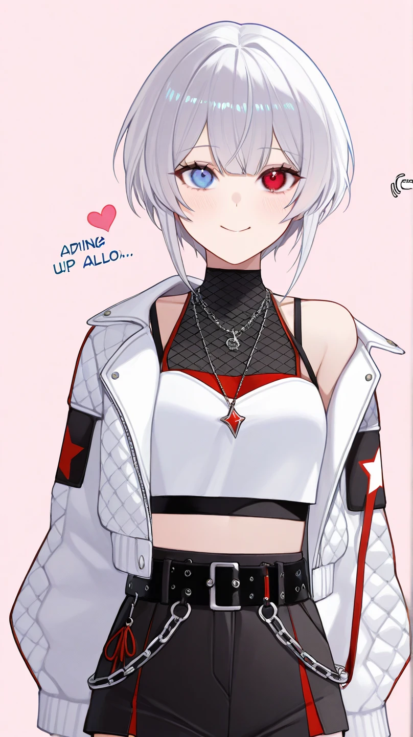 1girl, short hair, silver hair, solo focus, Highress, 2k, face details. 
Eyes:
heterochromatic, left eyes is blue, right eyes is red.
Clothing Description:

Top: Wearing a white crop top with black straps, layered with black mesh covering the neckline.

Outerwear: An oversized white bomber jacket with red and black accents on the inside. The red lining features a quilted pattern, adding a stylish detail.

Additional Accessories: A necklace with a triangular pendant and chain straps hanging from the belt.

Bottom: Black shorts with red accents, featuring metallic chains and straps wrapping around the waist. Buckles and straps add a utilitarian touch.

Background:
A pastel pink background with heart and star patterns, creating a sweet and cheerful atmosphere. There’s also a text message element in the bottom left corner, adding a social media context, half body details, face focus details. More Fariative expression, more life