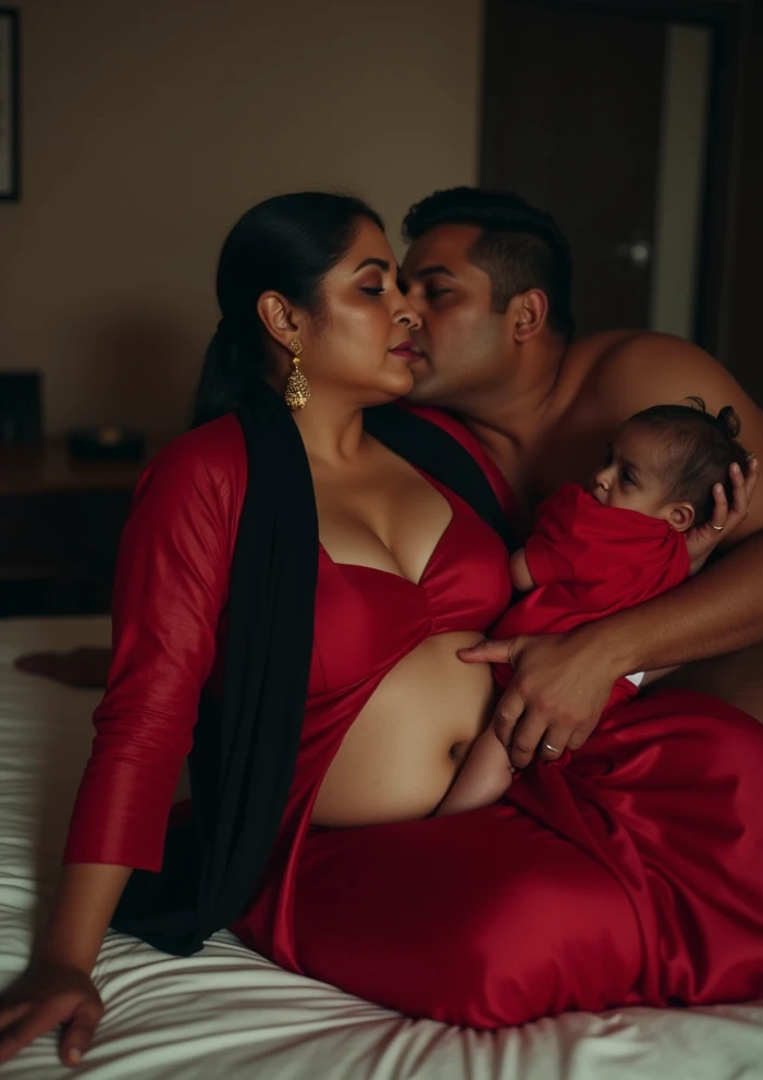A sexy housewife, with a curvy but very physically fit, Indian beauty though she is bit curvy and chubby in a hot sexy way. And her breast are very large atleast 38D, She wears aree below her navel, she has her navel pierced. She lives in a village. Her figure is like Tamanaah Bhatia, sexy woman with belly exposure and cleavage.
It should With three muslim men with their muslim cap and one sexy hindu housewife with mangalsutra and sindoor in her hair and sexy saree.
The pose should be seductive, sexy and hot. It should be portrait both facing at the camera
Kissing belly