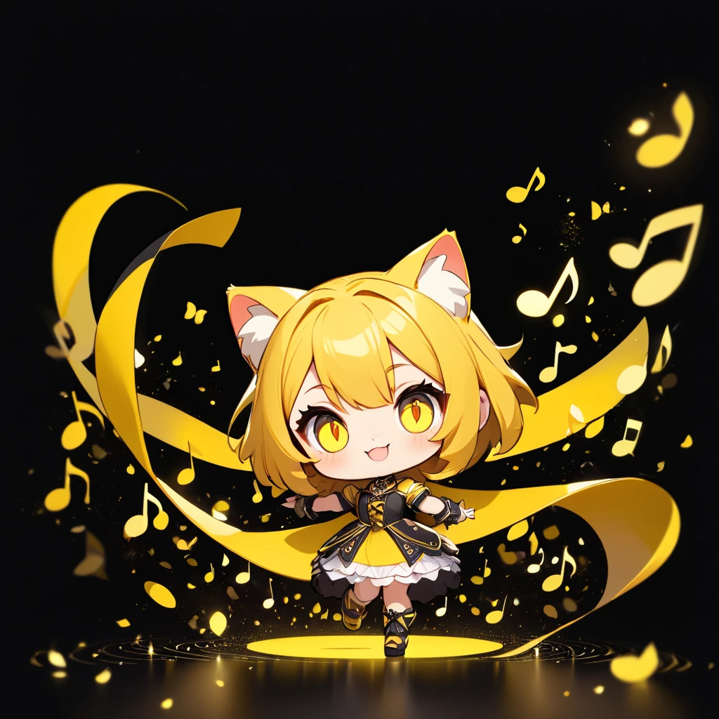 ultra-small deformation, Chibi Cute, 1girl, solo, full body, Cat-Eared Girl in the musical "CATS", (Only big yellow cat eyes in the background, Black background color)