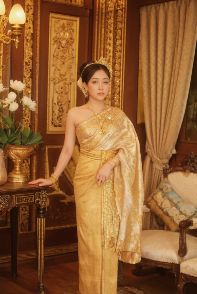 [Subject]: A woman wearing an authentic Thai traditional dress.
[Details]: The dress features a silk top with intricate patterns, paired with a draped shawl and a golden belt adorned with ornate designs. She is accessorized with gold jewelry, including earrings, a brooch, and bracelets, with her makeup highlighting her natural beauty.
[Environment / Background]: A luxurious indoor setting with traditional Thai architecture, featuring ornate golden carvings, decorative wooden panels, and elegant silk curtains. The room has a warm and regal ambiance, with subtle details like a golden pedestal or vase with lotus flowers.
[Lighting]: Soft, warm indoor lighting, with a golden hue highlighting the textures of her attire and jewelry, creating a royal and sophisticated feel.
[Style]: Ultra-realistic, focusing on intricate details and vibrant, rich colors.
[Mood / Atmosphere]: Majestic and timeless, evoking the elegance of Thai heritage.
[Camera Angle]: Close-up shot focusing on her face and upper torso, showcasing the exquisite details of her dress and jewelry. The angle slightly tilts upward to emphasize her graceful and dignified appearance.
[Quality & Resolution]: Ultra-high resolution, 8K quality, ensuring sharpness and realistic textures.
[Other Specifics]: The background should have a balance of richness and subtlety, ensuring the subject remains the focal point while the setting enhances the overall composition.