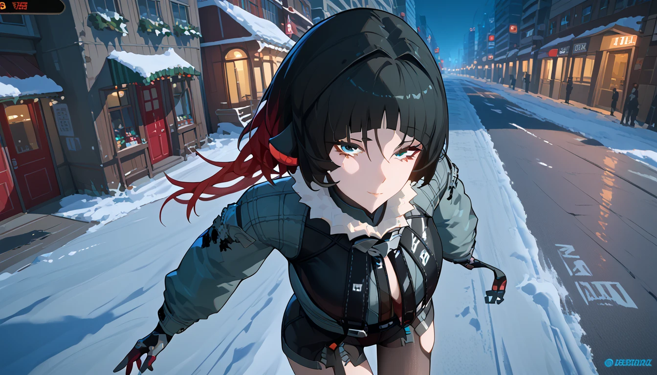 yanedoe- zzz, aqua eyes, long hair , black hair,  red hair ,  Animal ears,  looks at the viewer,  smiles,  full length,  the body is completely 1.1.,  correct anatomy 1 .1., very sexy,  sexy position , Above the building, I look at the city,  facing the viewer , night city,  snow , улицы в  snow у,  christmas hat on his head, cyberpunk street, 