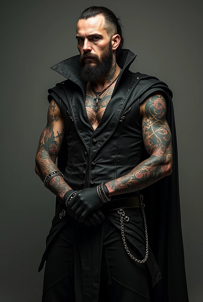 From below, a side view of a muscular man in full leather BLUF uniform, Tom of Finland style, all black leather, leather shirt, gauntlet long leatger gloves, leather pants, tall leather shiny boots, wearing a long black sleeved Ss-style leather coat and a massive, exxagerated, stiff tall high collar turned up tight against the sides of his face completely, like a spy’s coat. The collar must cover his ears and sides of the head completely.
Detailed facial features, extremely detailed muscular physique, lots of chest hair, hairy chest, masculine tattoos, large penis, massive outline of bulging penis, fierce and intimidating expression, commanding pose, black mohawk, bearded face, clear and sharp lighting, photorealistic, cinematic, hyper-realistic, high quality, 8k, ultra-detailed, physically-based rendering, studio lighting. Massive bulge. Big penis outline.
Stiff Leather collar exxaggerated to the top of the head. Turne-up collar very high and stiff. Slick black leather, very polished.
Wearing tight long gauntlet black leather gloves and aviator black reflective rayban glasses.