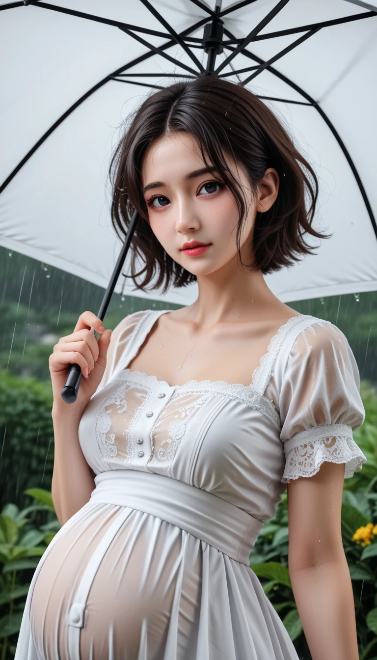   beautiful detailed portrait of a Japanese woman ,   Short hair  ,   medium chest ,   messy hair ,  looks healthy   ,   with black eye makeup , Underwear,  Bold pose,  Protruding belly button,   high quality  , 8K,  photo actual ,   Very detailed,   dramatic lighting  ,   bright color  ,(  extremely detailed CG unity 8k wallpaper  ), (masterpiece), (最  high quality  ), (  Super detailed ), (best shadow), A young woman holding an umbrella,  actual  3D style,  ancient weiz-style art ,  portrait in the rain ,  elegant style ,  cute girl standing in the rain ,  actual  style,  actual  art,   actual  art style, ( Best Quality ,4K,8K,  high-resolution icon ,masterpiece:1.2),ultra-detailed,( actual ,photo actual ,photo- actual :1.37),HDR, Ultra HD, studio lighting , an ultra-fine painting ,  Sharp Focus ,physically-based rendering, extremely detailed description ,major, vivid colors, Cyber Network ,  beautiful and magnificent composition , summer、 、Wet clothes，Pregnant