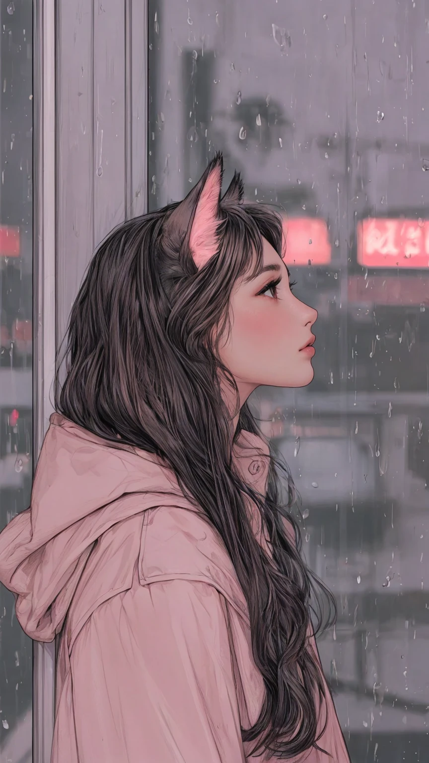 (best quality, elaborate details:1.2), side view, a woman with cat ears is waiting for a bus at the bus stop, rainy day, voluminous wavy hair, gorgeous eyes, long lashes, photorealistic illustration, anime style, natural light