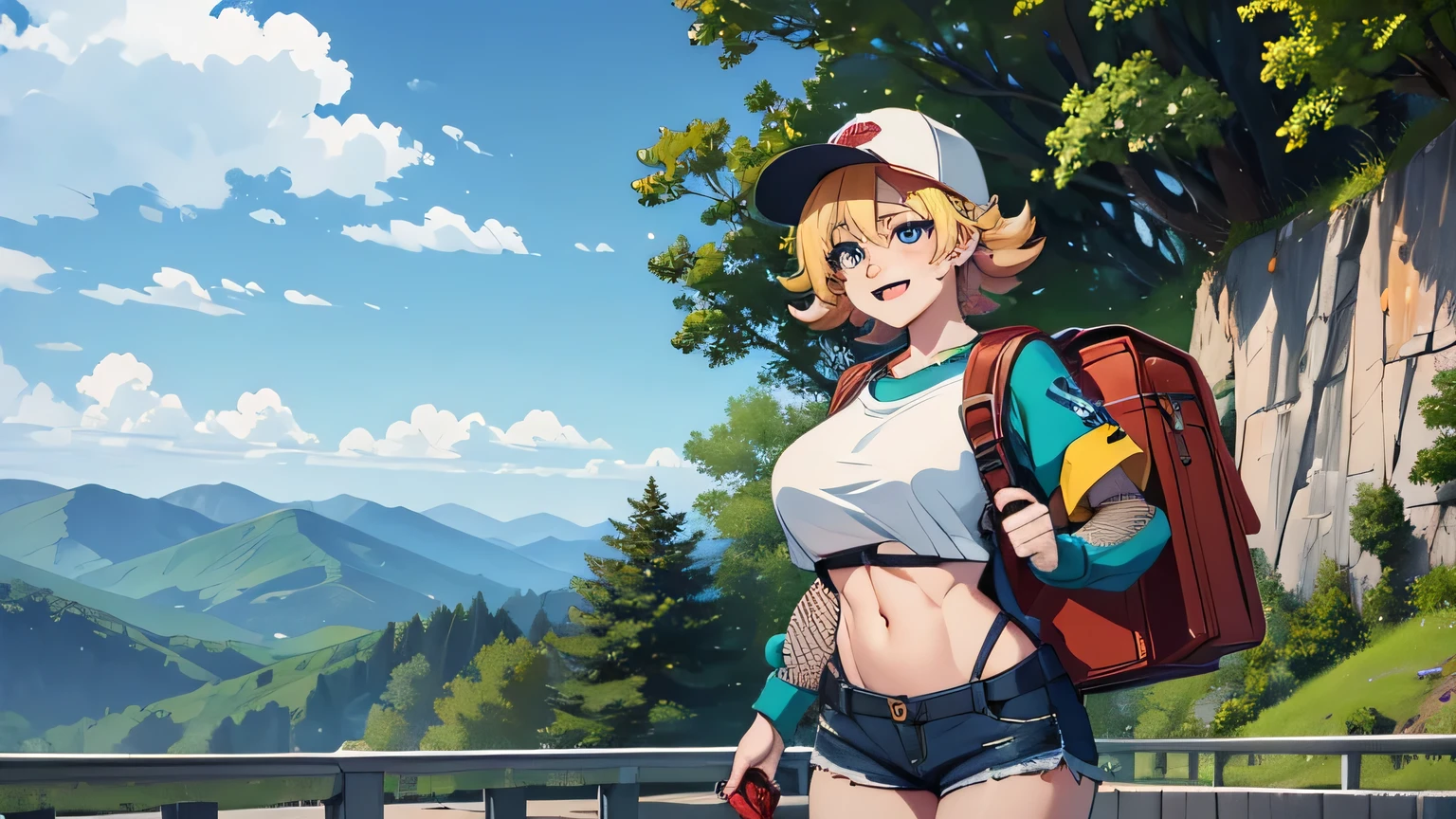 Backpacker, 1woman, Early 20s, Baseball cap, crop top, Sukajan, suspender micro shorts, fishnet thighhighs, Short boots, middle hair, blonde hair, wavy hair, aqua eyes, longeyelashes, laughing, large breasts, Carry a backpack, Country Road, roadside, evening, anime, high details, textured skin, anatomically correct, high quality, highres