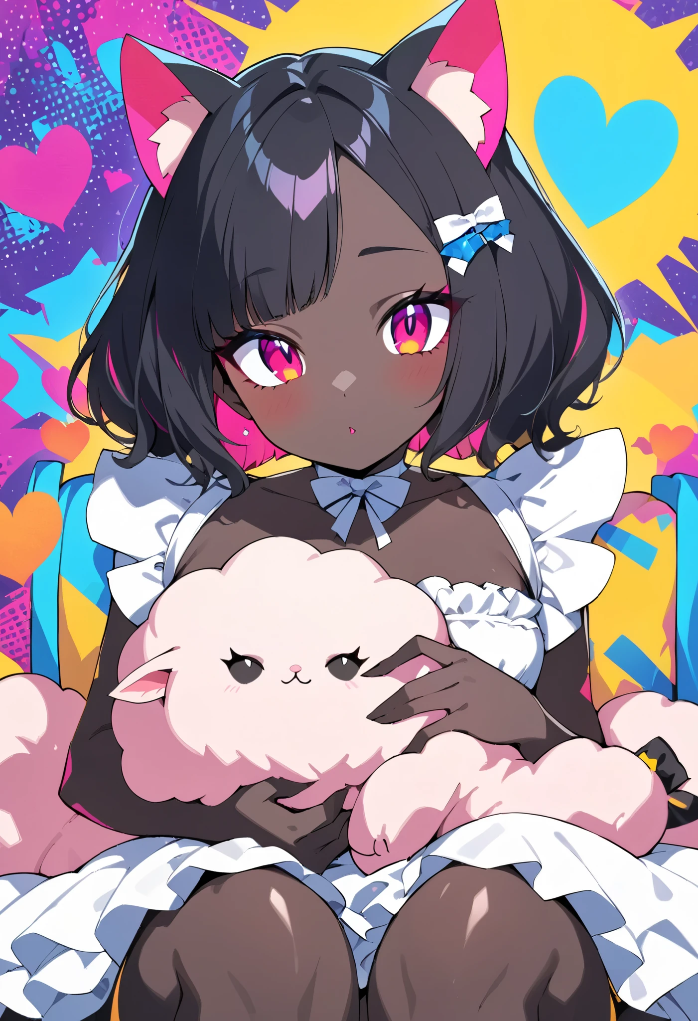 pop art, vivid passion color style, black girl mix, a cat-eared girl, solo, holding a sheep stuffed toy, a strange look, she has a crush on you.
