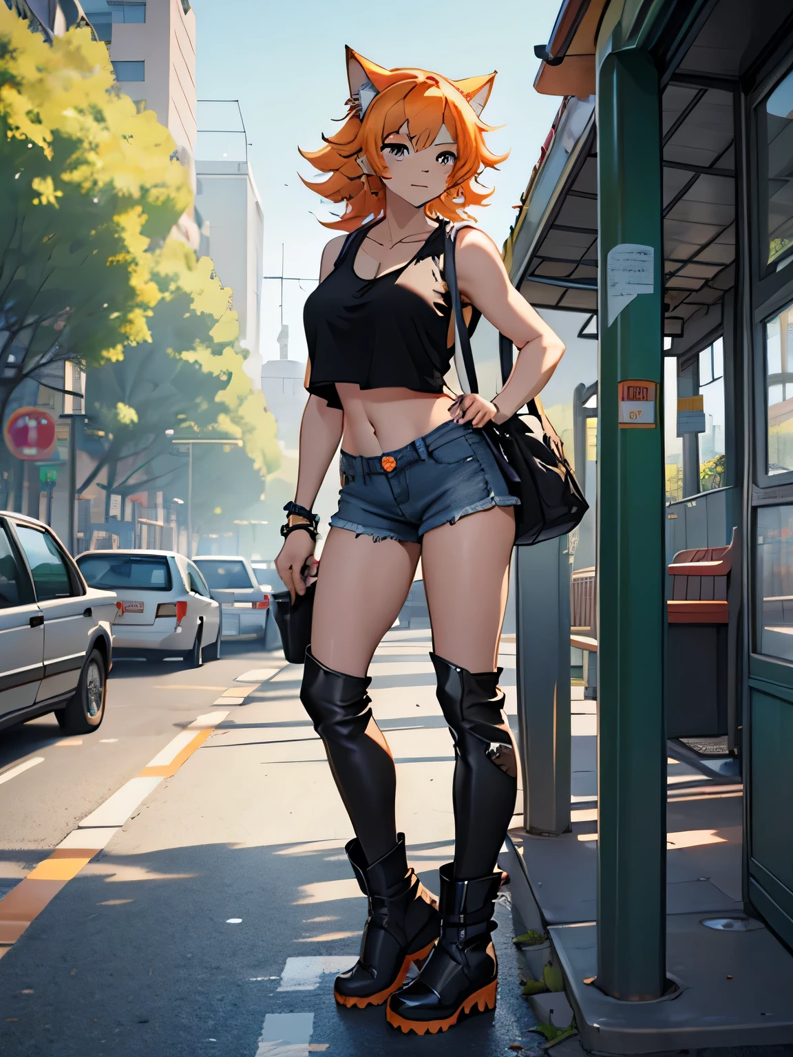 girl, solo, light orange hair, shoulder-length hair, wavy hair, volumey, cat ears, large breasts, Big Eyes, happy, black tank top, hoodie, Jeans hot pants, Emerald belly button piercing, Glitter leggings, Short boots, bus stop, absurd, wonder