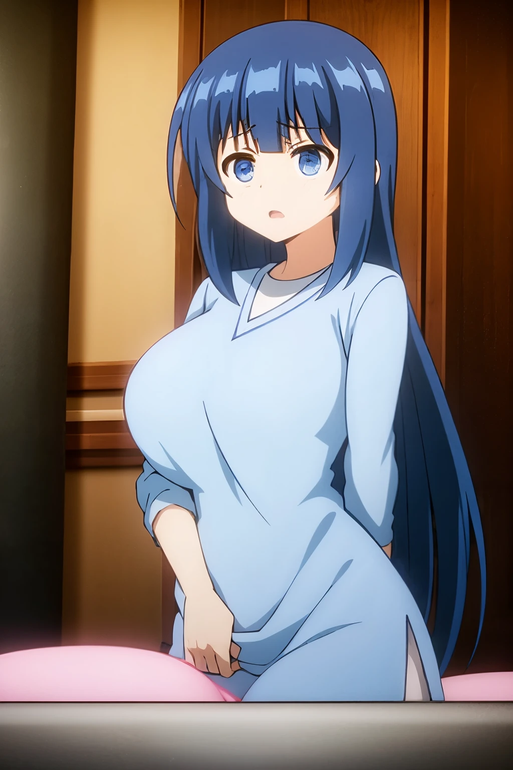 masutepiece, Best Quality,1girl in, (Solo:1.3),Blue hair color、Long hair、(Huge breasts:1)、everyday clothes,A smile
