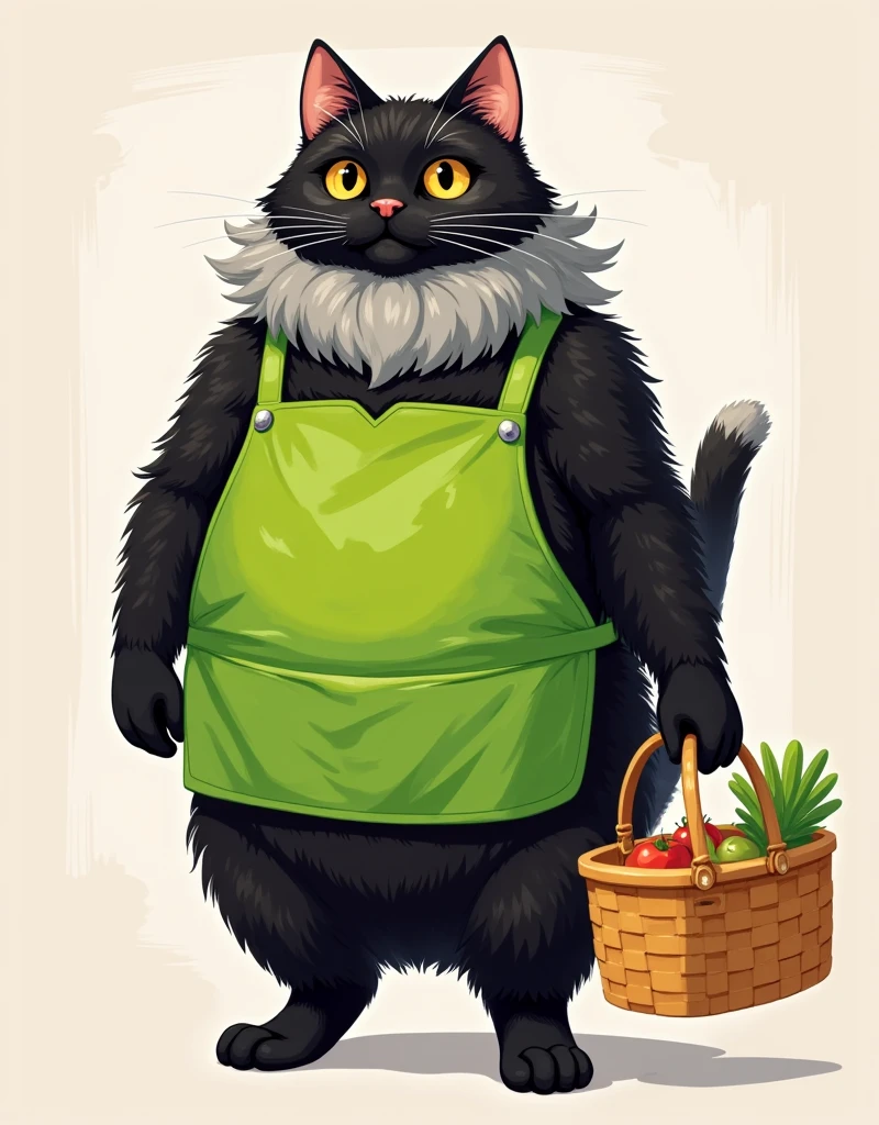 A huge black cat wearing a green apron, Hanging a shopping basket ,  body hair below the chin is gray BREAK ponytel woman,  hoodie,  jeans BREAK 2D illustration 